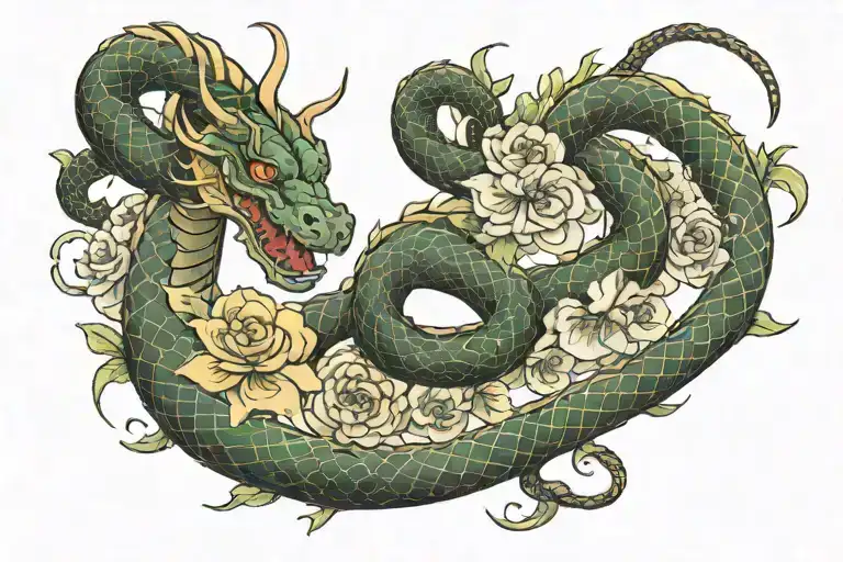 Snake and dragon wrapping collar bones, with flowers and stars, going from shoulder to collarbone, their heads meeting tattoo design idea