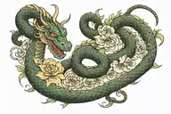 Snake and dragon wrapping collar bones, with flowers and stars, going from shoulder to collarbone, their heads meeting tattoo design idea
