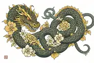 Snake and dragon wrapping collar bones, with flowers and stars, going from shoulder to collarbone, their heads meeting tattoo design idea