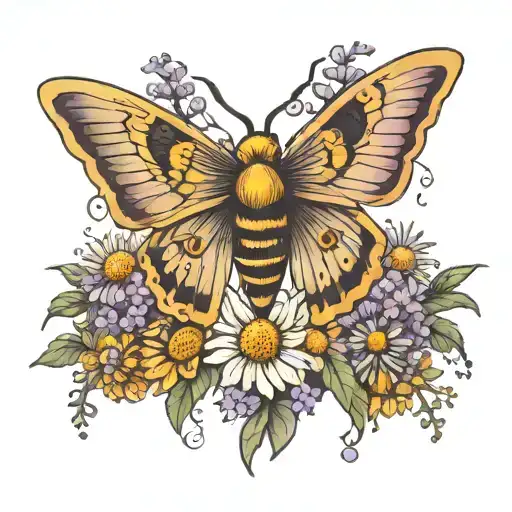 moth surrounded chamomile and lavender flowers tattoo design idea