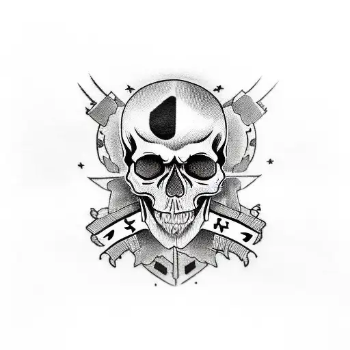 skull with flag and femalw symbol, black and white tattoo design idea