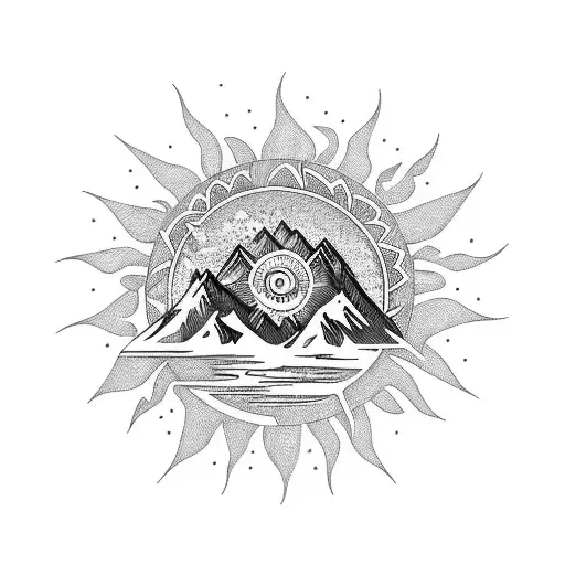 A majestic sun rising over a mountain range representing the leader's adventurous spirit tattoo design idea