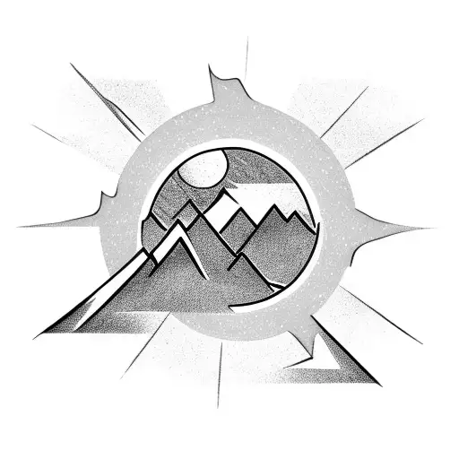 A mountain range with a trail leading to a shining sun tattoo design idea