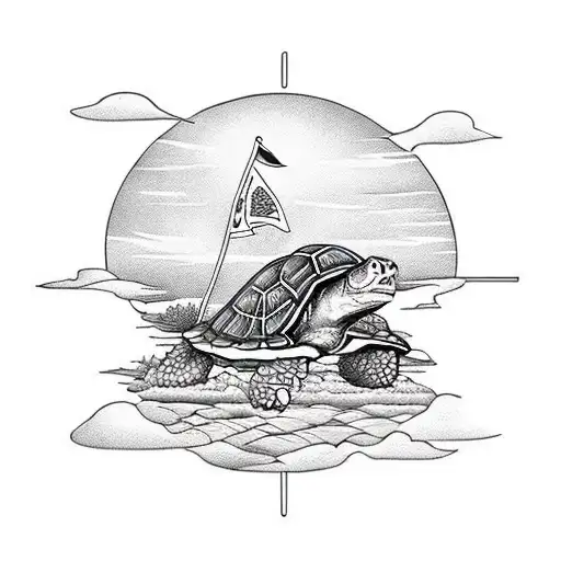 A traditional style disc golf scene with a turtle caddy carrying the discs tattoo design idea