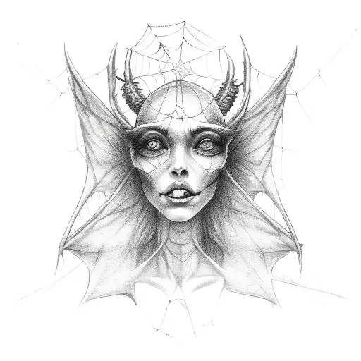split face angel demon woman with a spider, web, and Gemini astrology symbol  tattoo design idea