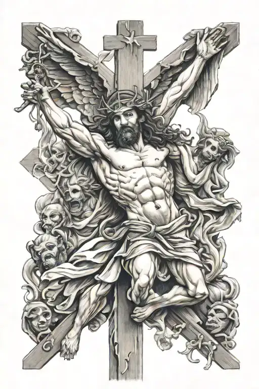 Jesus Christ on a cross with demons fighting angels  tattoo design idea