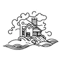 Waves in a channel with a house on the side representing an outpos for a friend group tattoo design idea