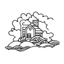 Waves in a channel with a house on the side representing an outpos for a friend group tattoo design idea