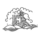 Waves in a channel with a house on the side representing an outpos for a friend group tattoo design idea