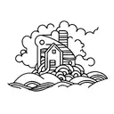 Waves in a channel with a house on the side representing an outpos for a friend group tattoo design idea