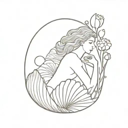 An open shell with a pearl inside, a mermaid stretched horizontally behind the shell and some carnations tattoo design idea