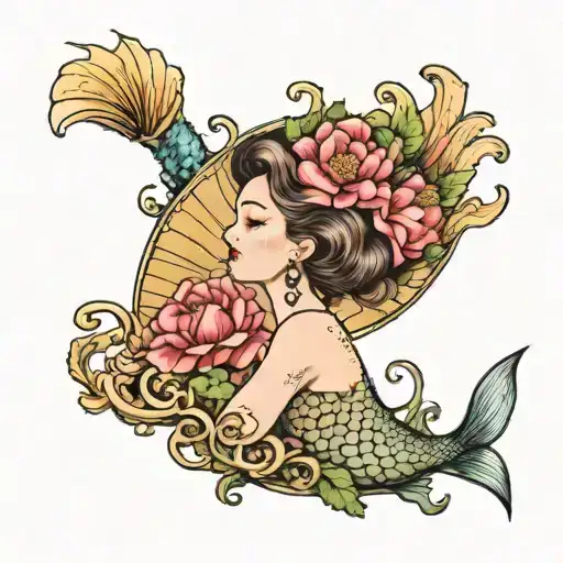 An open shell with a pearl inside, a mermaid stretched horizontally behind the shell and some carnations tattoo design idea