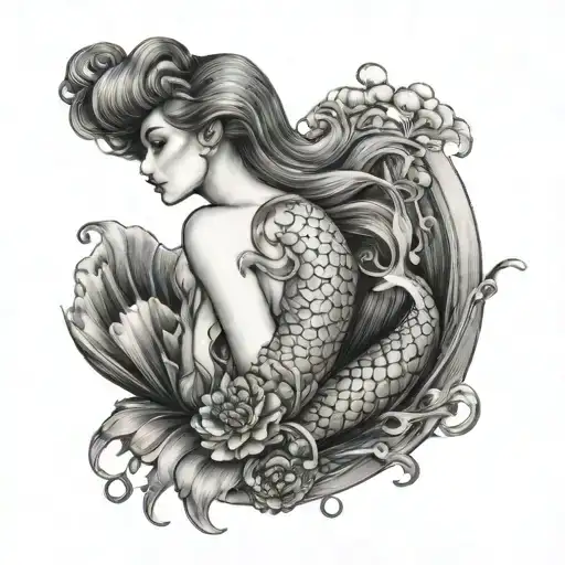 An open shell with a pearl inside, a mermaid stretched horizontally behind the shell and some carnations tattoo design idea