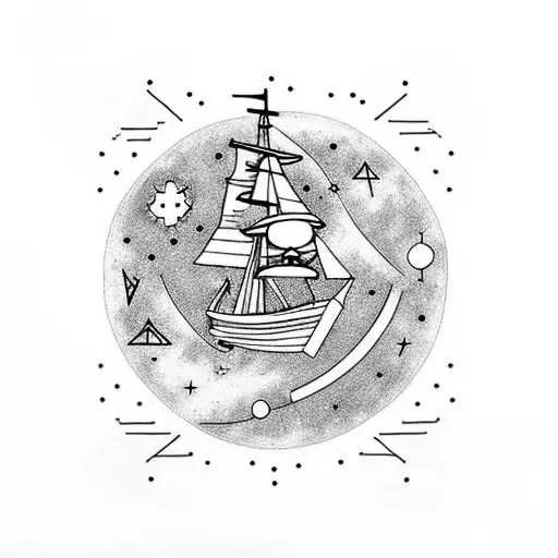 A minimalist tattoo of a ship navigating through the night sky filled with constellations tattoo design idea