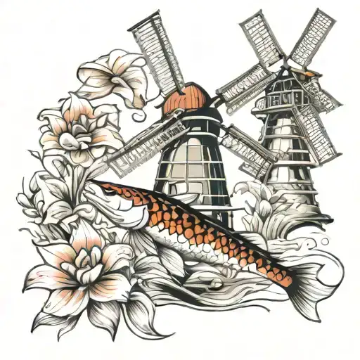 koi and dutch windmill tattoo design idea