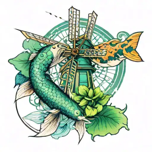 green ink tattoo featuring a japanese watercolor style koi in front of a Dutc h windmill tattoo design idea