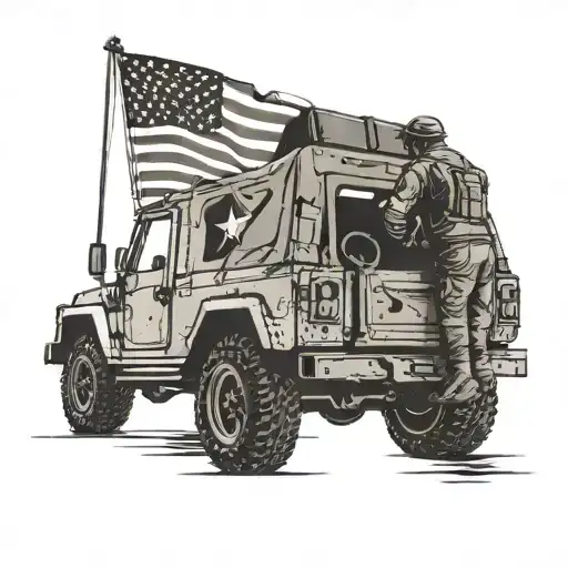 A silhouette of a mechanic working on a military vehicle, with the flag draped over the hood tattoo design idea