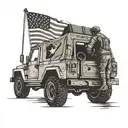 A silhouette of a mechanic working on a military vehicle, with the flag draped over the hood tattoo design idea