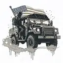 A silhouette of a mechanic working on a military vehicle, with the flag draped over the hood tattoo design idea