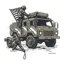 A silhouette of a mechanic working on a military vehicle, with the flag draped over the hood tattoo design idea
