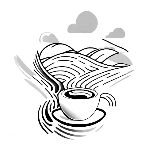 A graphic design of a wave morphing into a coffee cup, symbolizing your love for surfing and coffee tattoo design idea
