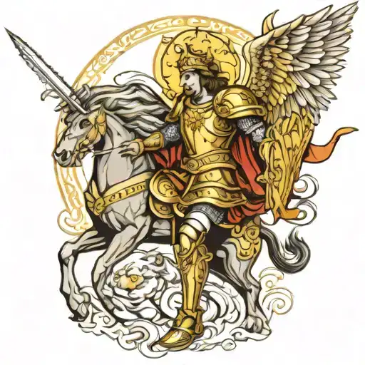 Create an image where this is Saint Michael the Archangel with his golden armor and his sword of fire, next to him there is a jaguar, and tattoo design idea