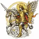 Create an image where this is Saint Michael the Archangel with his golden armor and his sword of fire, next to him there is a jaguar, and tattoo design idea