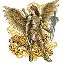 Create an image where this is Saint Michael the Archangel with his golden armor and his sword of fire, next to him there is a jaguar, and tattoo design idea