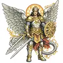Create an image where this is Saint Michael the Archangel with his golden armor and his sword of fire, next to him there is a jaguar, and tattoo design idea
