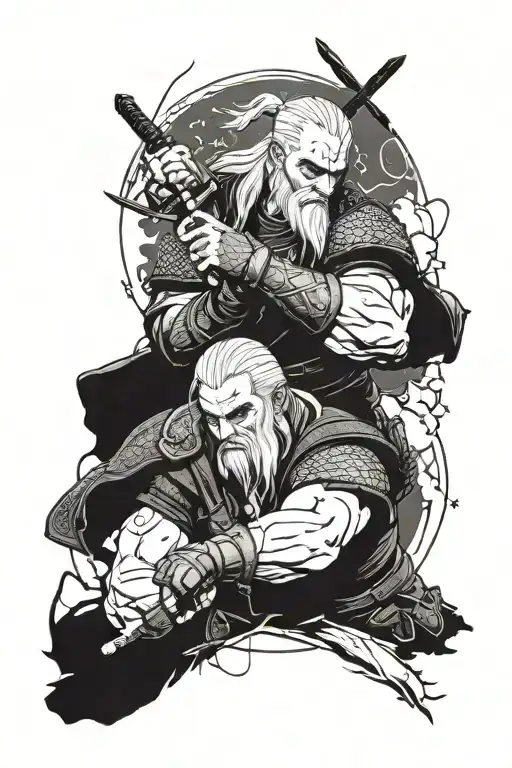 Geralt and Kratos Battling Lemmy Killmister tattoo design idea