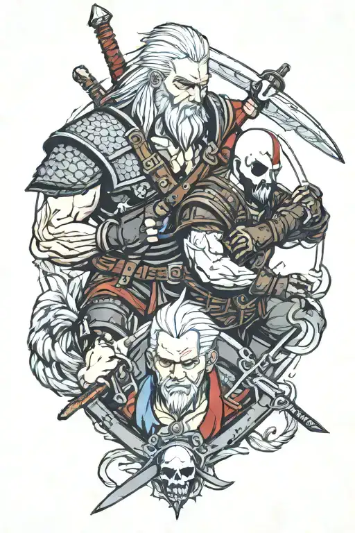 Geralt and Kratos Battling Lemmy Killmister tattoo design idea