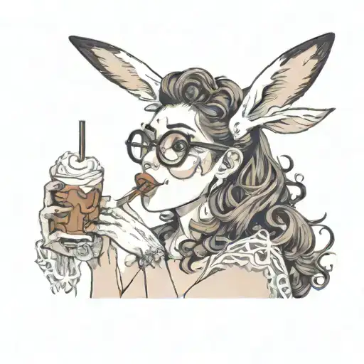 white sexy skinny woman licking ice chocolate cream finger, with brown hair, glasses, rabbit-ears  tattoo design idea
