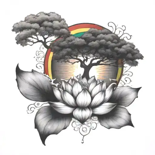 A lotus flower on fire under a large tree surrounded by a rainbow  tattoo design idea