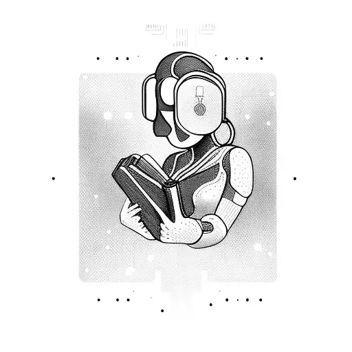 A futuristic cyborg holding a book with binary code flowing out of its pages tattoo design idea