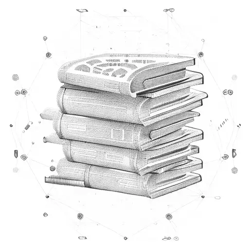 A stack of books with computer circuitry patterns on their spines, surrounded by gaming console controllers tattoo design idea