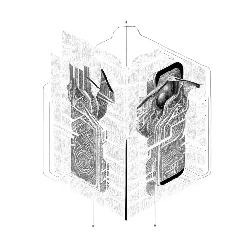 A futuristic cyborg holding a book with binary code flowing out of its pages tattoo design idea
