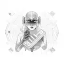 A futuristic cyborg holding a book with binary code flowing out of its pages tattoo design idea