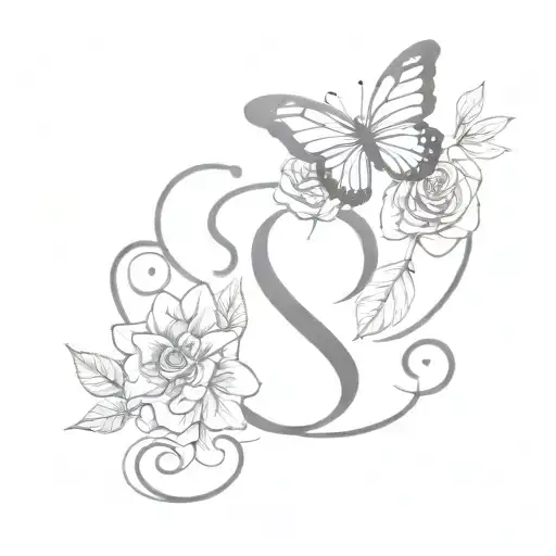 butterfly with S letter combination and rose with leaves and heart tattoo design idea