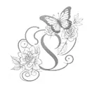 butterfly with S letter combination and rose with leaves and heart tattoo design idea