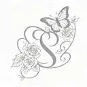 butterfly with S letter combination and rose with leaves and heart tattoo design idea