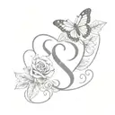 butterfly with S letter combination and rose with leaves and heart tattoo design idea