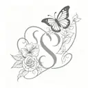 butterfly with S letter combination and rose with leaves and heart tattoo design idea