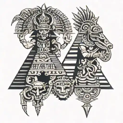 aztec gods with pyramids tattoo design idea