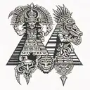 aztec gods with pyramids tattoo design idea
