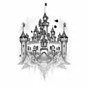 castle with cobwebs and diablo tattoo design idea