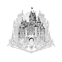 castle with cobwebs and diablo tattoo design idea