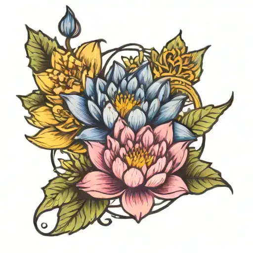 water Lilly flower larkspur flowers intertwined tattoo design idea