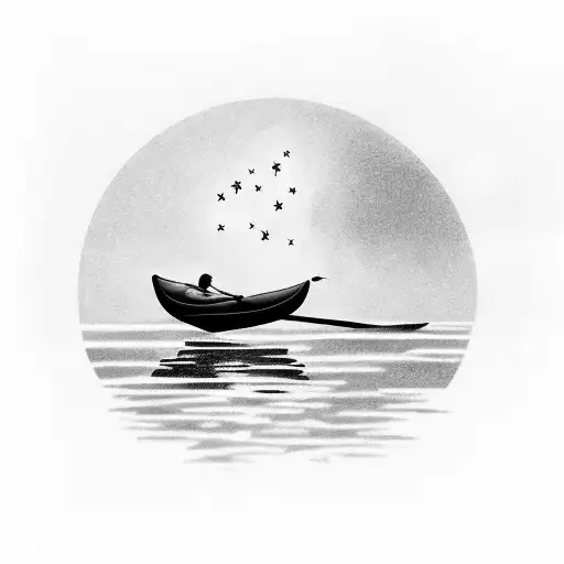 A serene landscape tattoo of a kayak floating on a calm ocean under a starry sky tattoo design idea