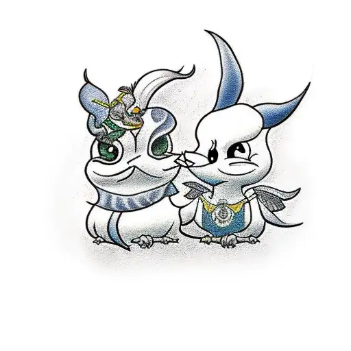 A traditional-style tattoo of Sylvester and Tweety surrounded by family members tattoo design idea