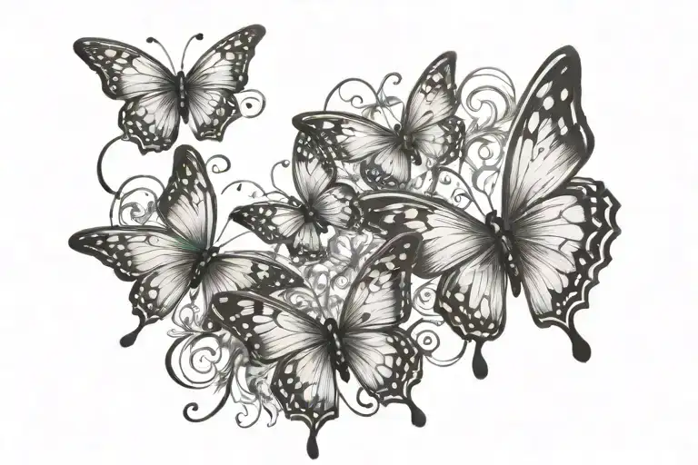 "Life Goes On" in cursive with 4 butterflies flying tattoo design idea